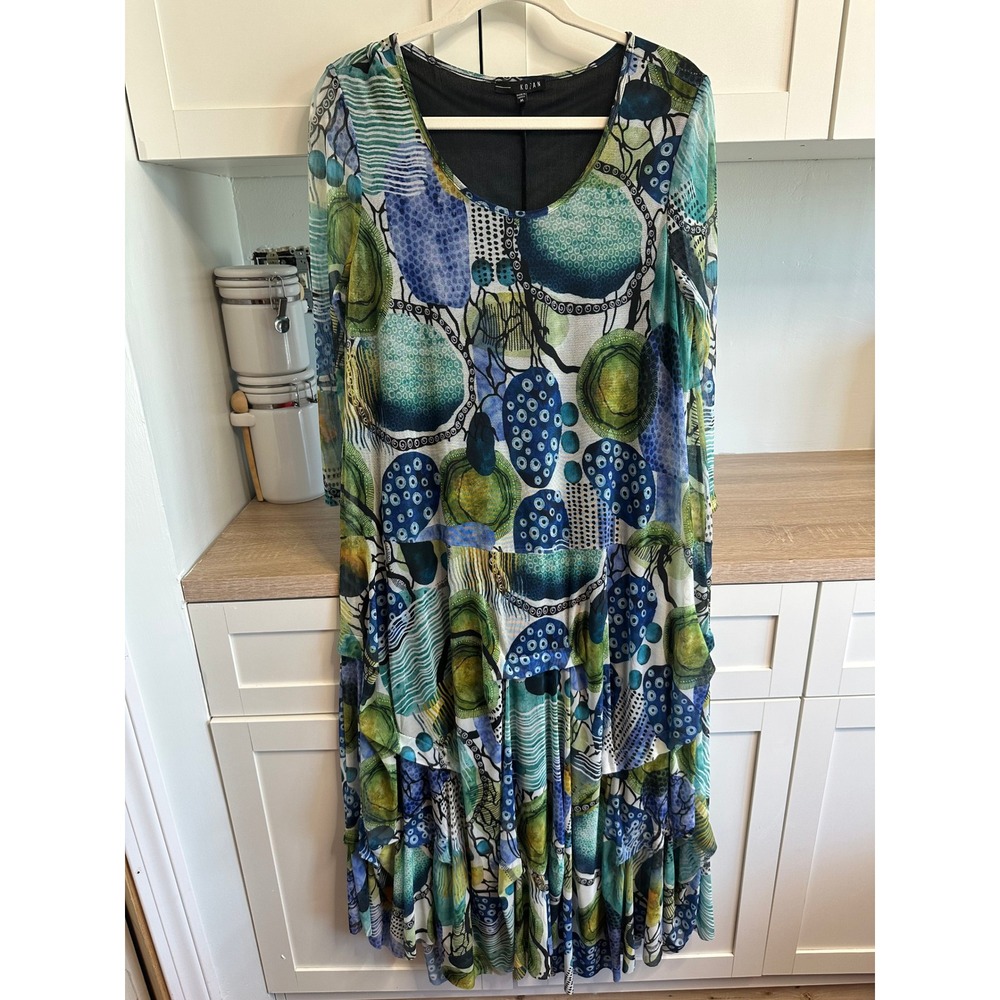 Kozan Artsy Print Mesh Dress Women M Blue Green Asymmetrical Stretch Long Sleeve